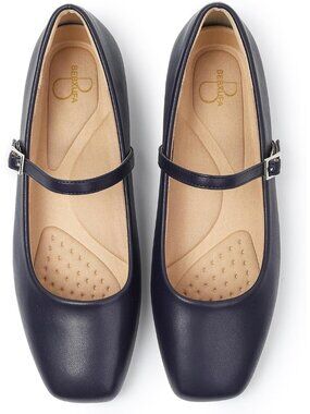 〽️Women's Mary Jane Flats Dark Blue Leather Comfortable Dressy Adjustable Strap